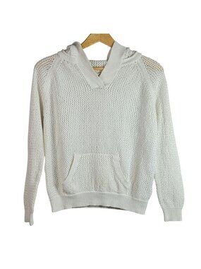 Shirt 469 Women Knit Hooded Sweater White Ivory Large Long Sleeve Pocket Linen